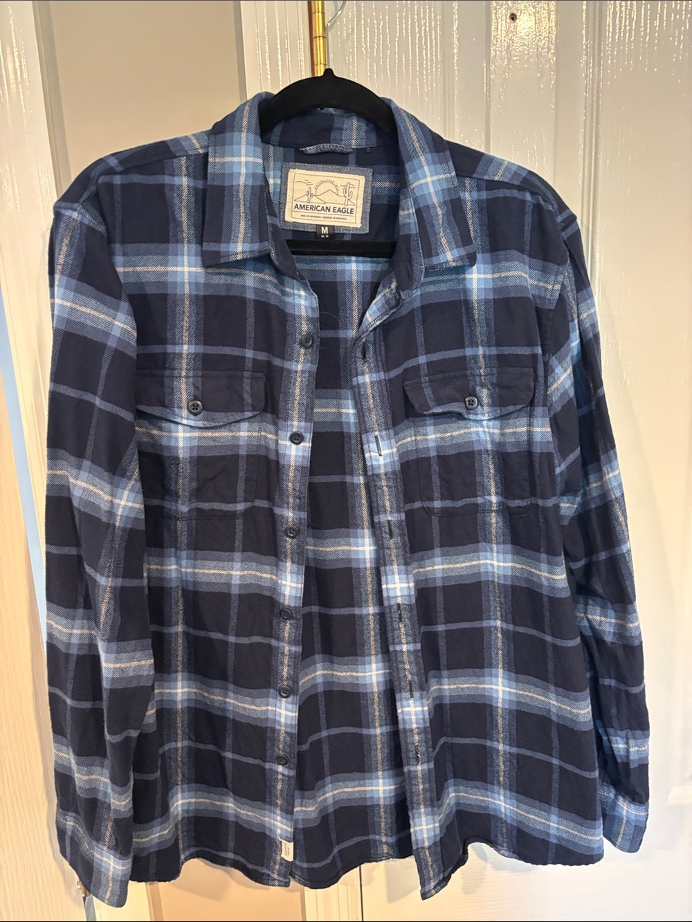 American Eagle Outfitters Men’s Navy and Light Blue Plaid Button-Down Shirt